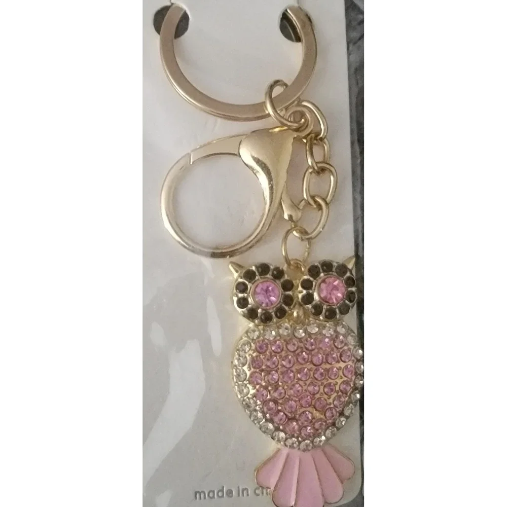 Mint Pink Rhinestone Owl Keychain Gold Tone‎ Bag Charm Bird Accessory New
